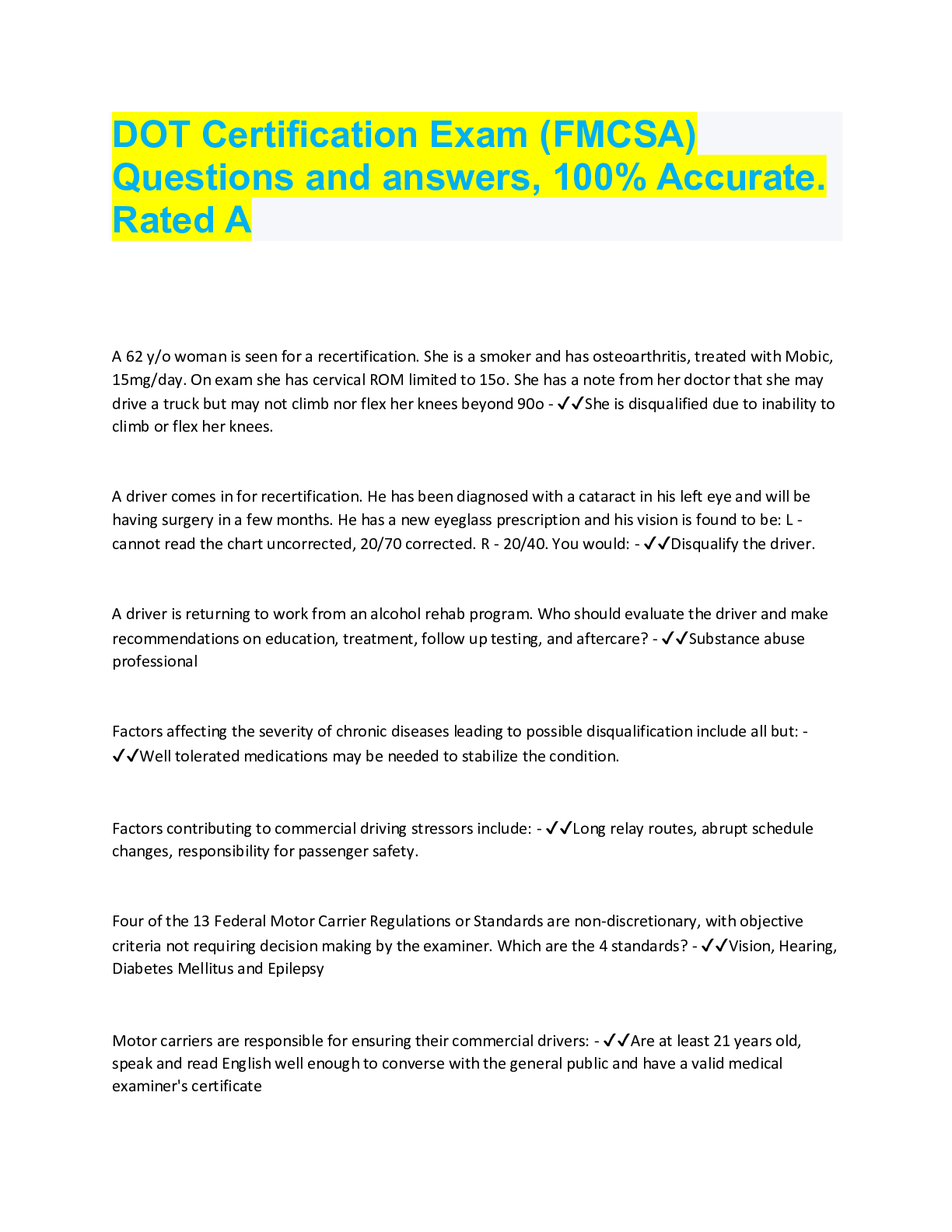 Preview image for DOT Certification Exam (FMCSA) Questions and answers, 100% Accurate.  Rated A